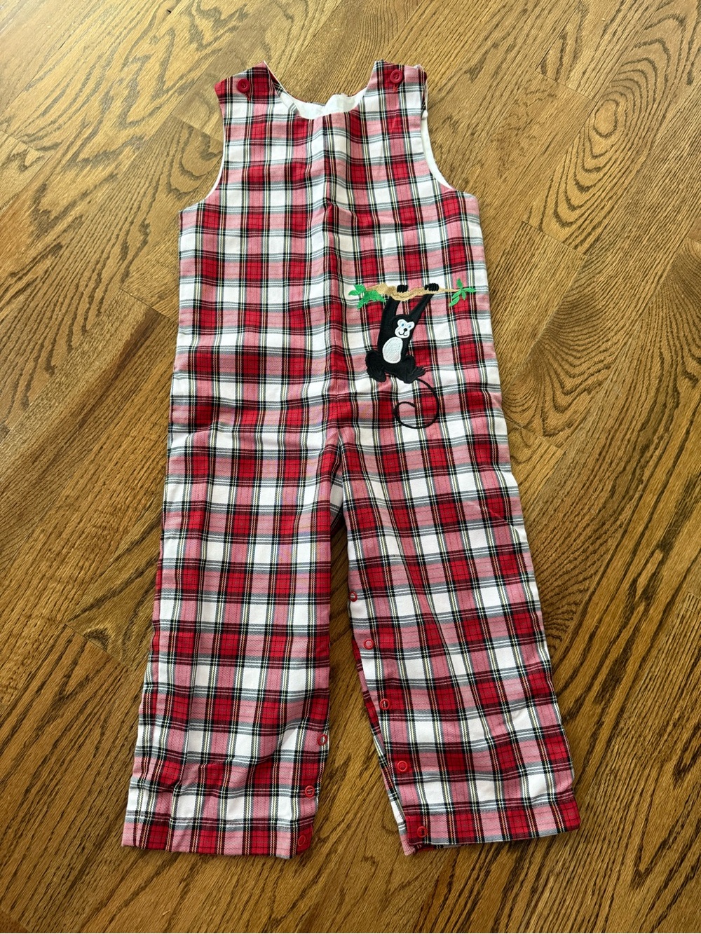NWOT Kelly's Kids Red Plaid boys one-piece Romper with Monkey Appliqué 4 Jon Jon